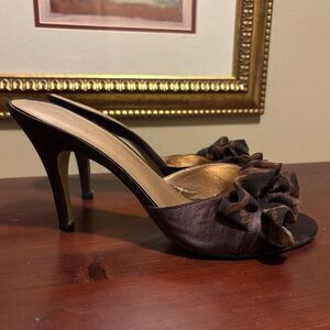 Enzo Angiolini Aedeka Brown Satin Animal Print Chiffon Ruffle Open Toe Heels 8